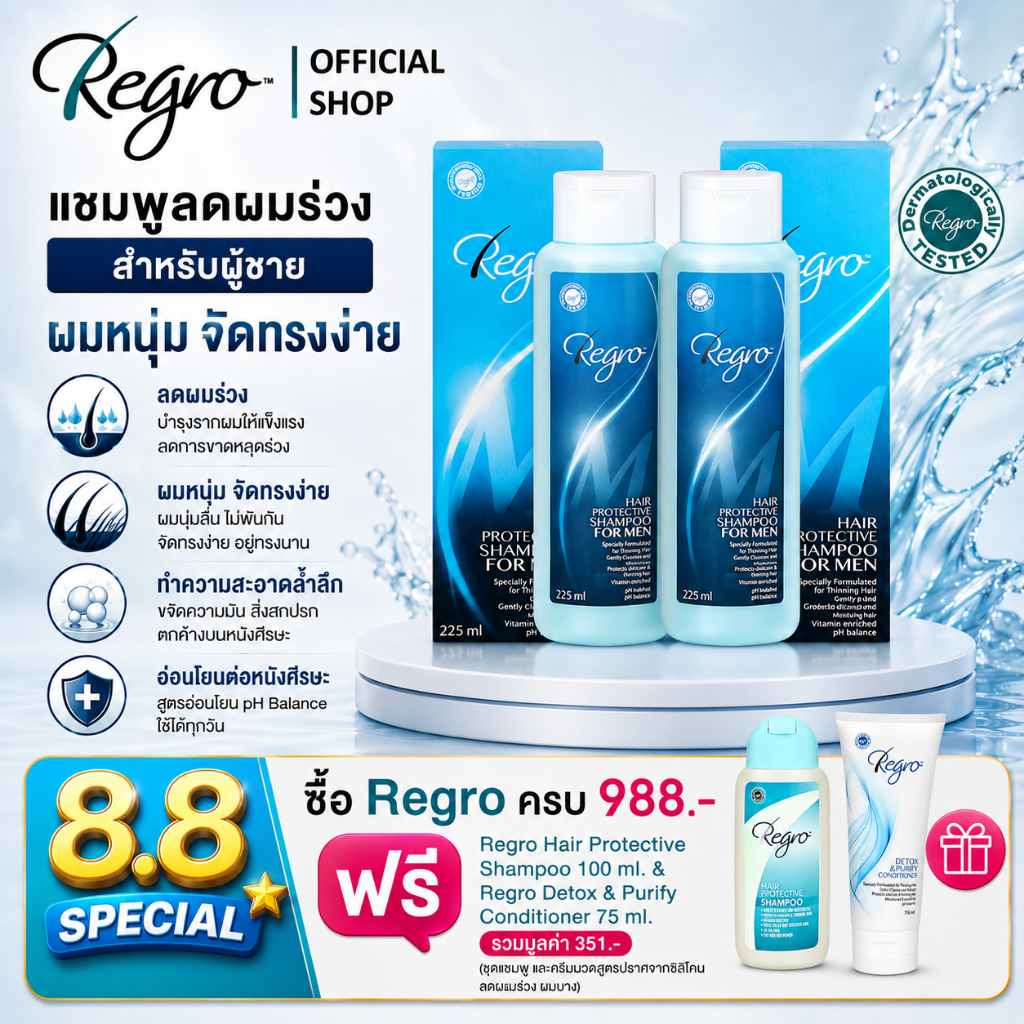 Regro Shampoo for Men Pack 2 โปรโมชั่นลดราคา แชมพูลดผมร่วงสำหรับผู้ชาย ให้ผมนุ่ม จัดทรงง่าย 2 กล่อง