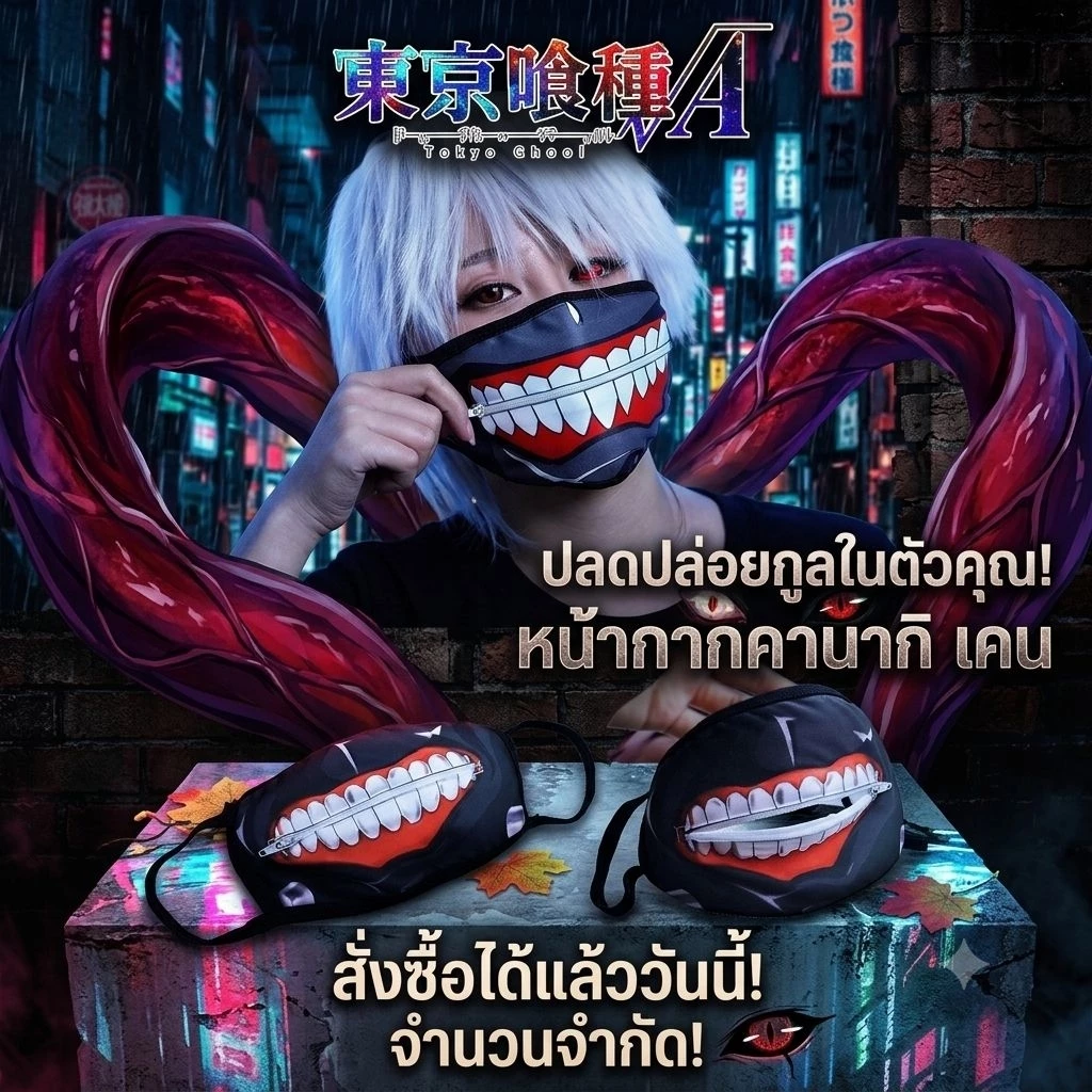 พร้อมส่ง ! ได้รับใน 1-2 วัน ผ้าปิดปากลายหน้ากาก โตเกียวกูล แบบมีซิป KANEKI KEN คาเนกิ เคน TOKYO GHOUL