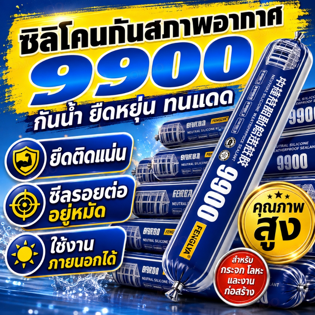 9900 กาวติดกระจก ซิลิโคนซีลแลนท์ เกรดพรีเมียม ยืดหยุ่นไม่แตกร้าว สำหรับยาแนวหน้าต่าง ประตู กระจกและรอยต่ออาคาร