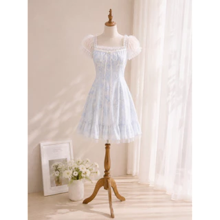 DR0629 LABELLE รุ่น ’Bloomelle Dress เดรสสั้นสีฟ้าน่ารัก