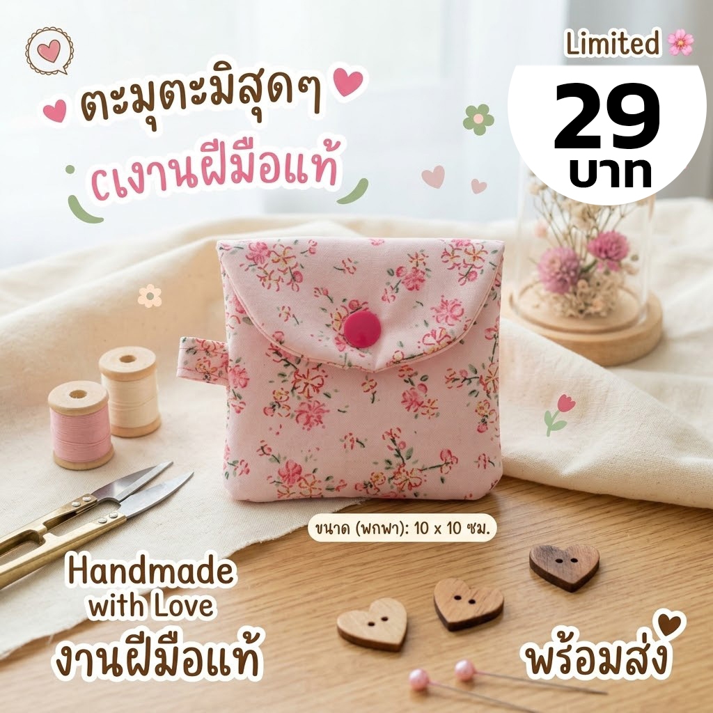 กระเป๋าผ้า ลายน่ารัก สีชมพู  ผ้าไหมอิตาลี มีซับใน นิ่มนุ่ม ใส่หูฟัง ใส่เหรีญ ใส่บัตร