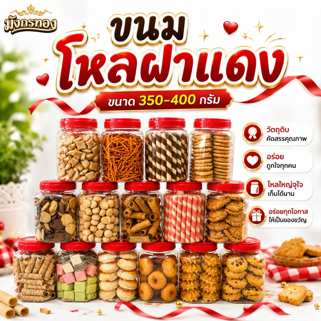 New !!! ขนมฝาแดง ขนมยอดฮิต ขนาด 300 - 400 g มีให้เลือกหลายแบบ