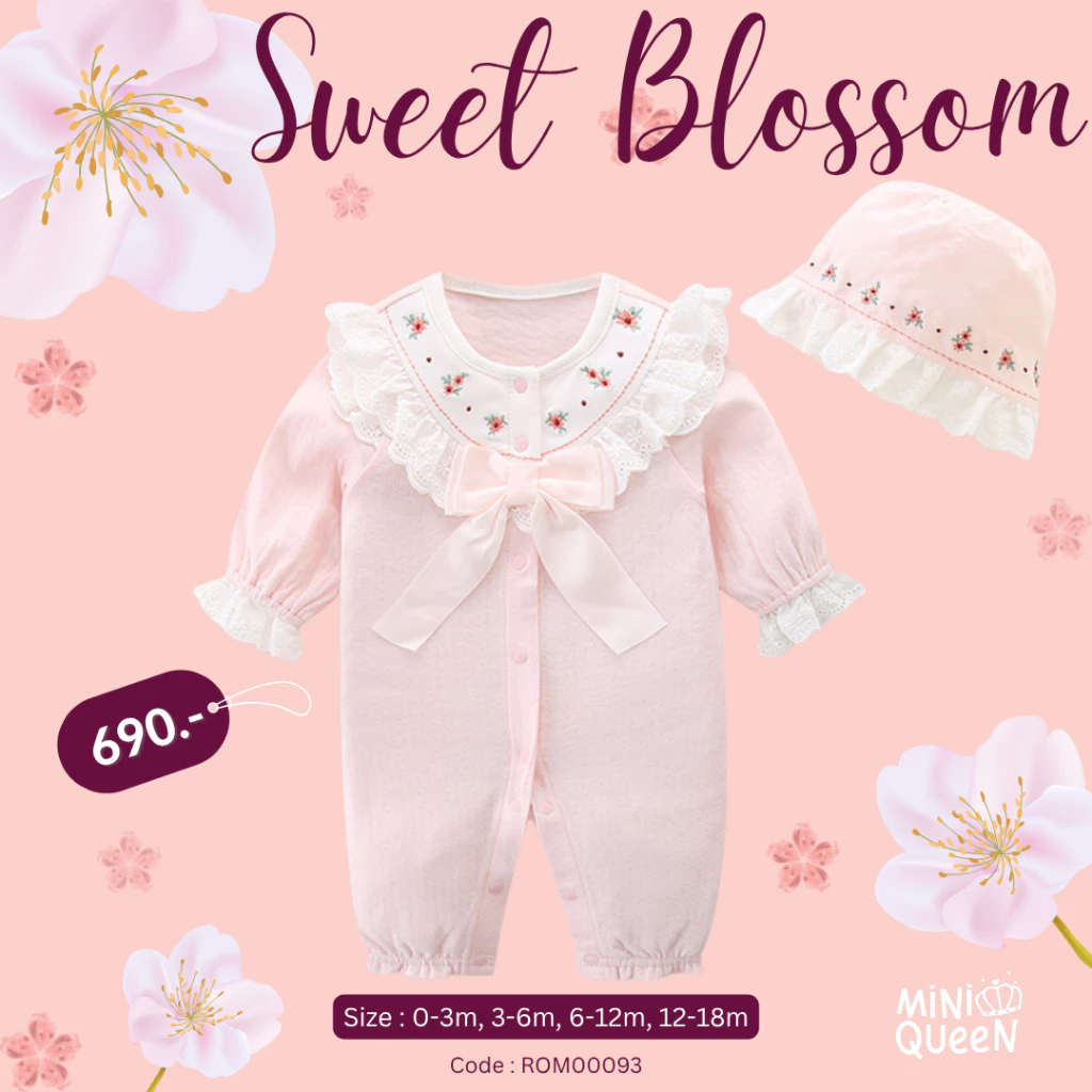MiniQueen ชุดเด็กแรกเกิด เสื้อผ้าเด็กแรกเกิด ชุดจั๊มสูทเด็กผู้หญิง พร้อมหมวก รุ่น Blossom (ROM00093)