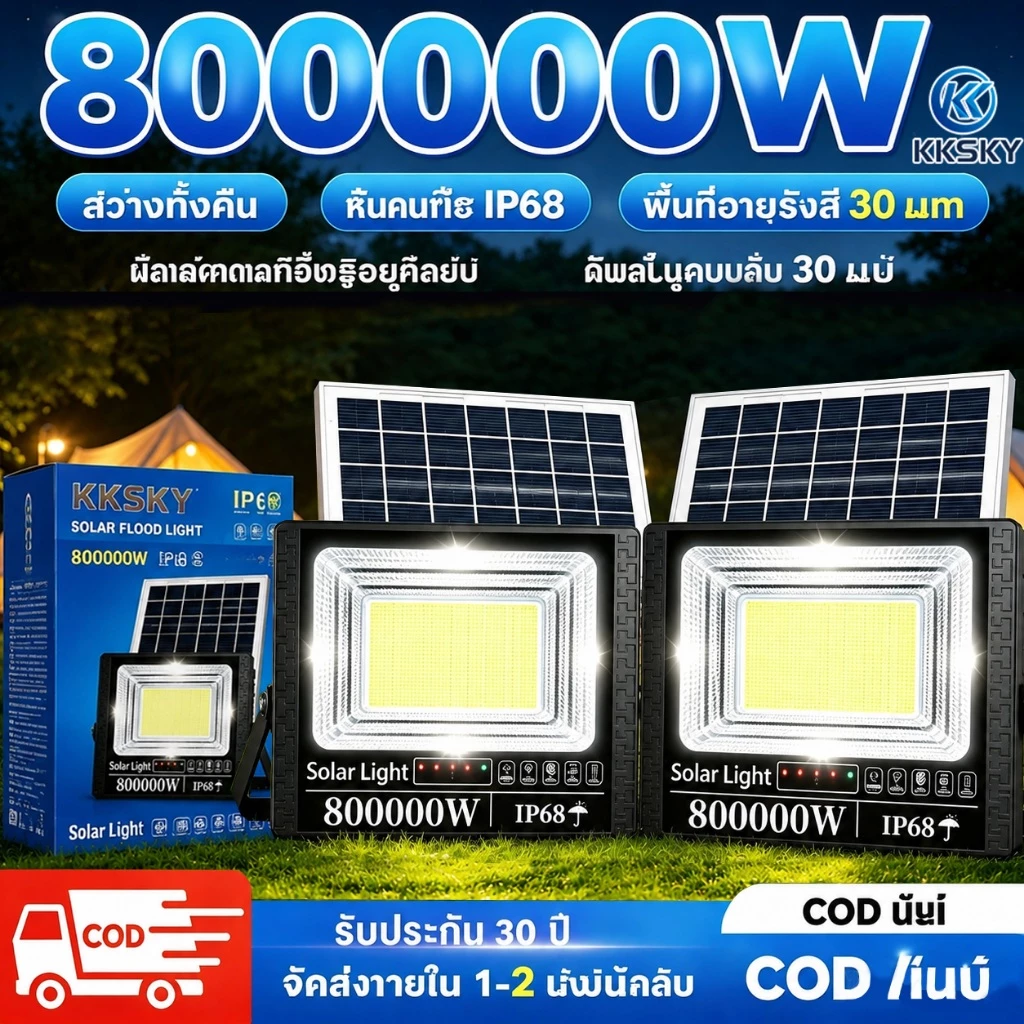 KKSKY ซื้อ 1 แถม 1 ไฟโซล่าเซล IP67 กันน้ำ กันฟ้าผ่า 800000W โซลาร์เซลล์ Solar Light ไฟโซลาเซลล์ เซ็นเซอร์ พร้อมรี