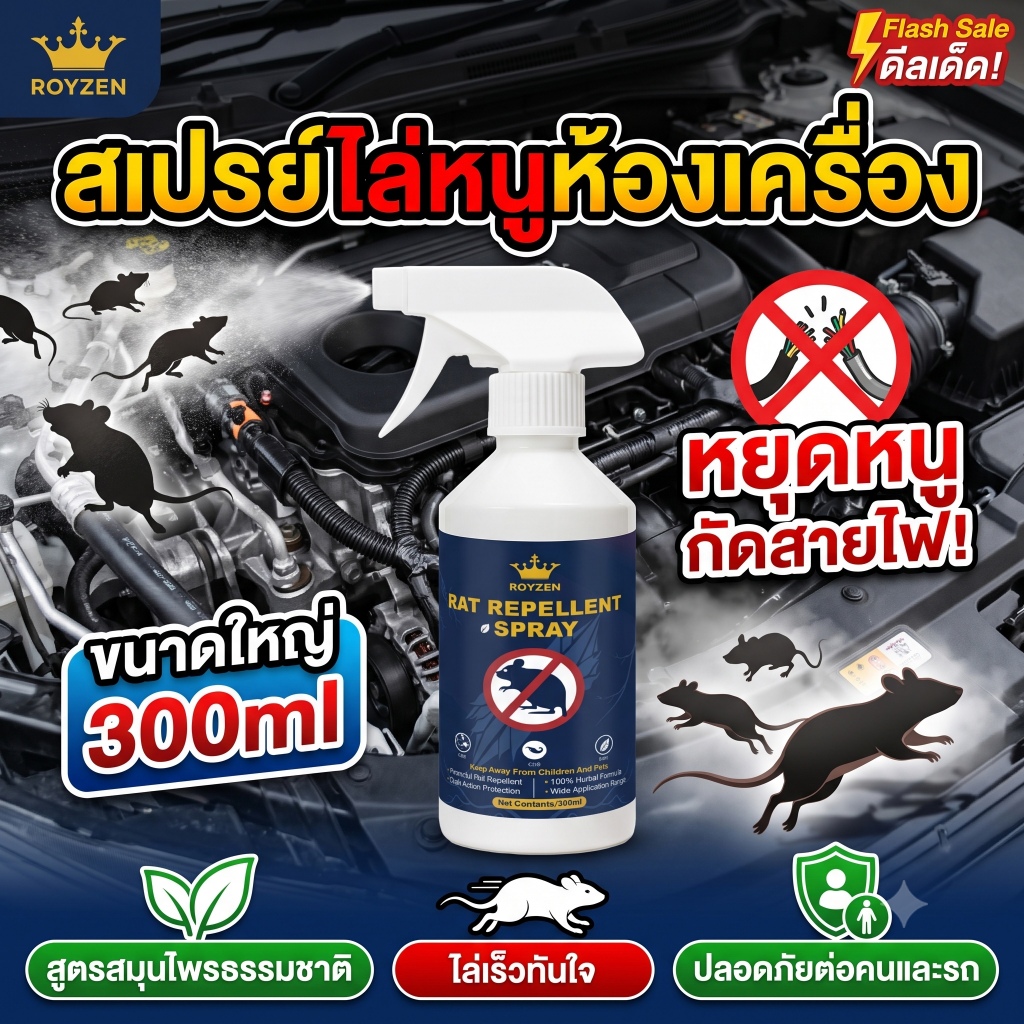 [แท้ 100%] สเปรย์ไล่หนู สมุนไพรไล่หนู ป้องกันหนูในห้องเครื่องรถยนต์และในบ้าน ปลอดภัยต่อสัตว์เลี้ยง (ขนาด 300ml)