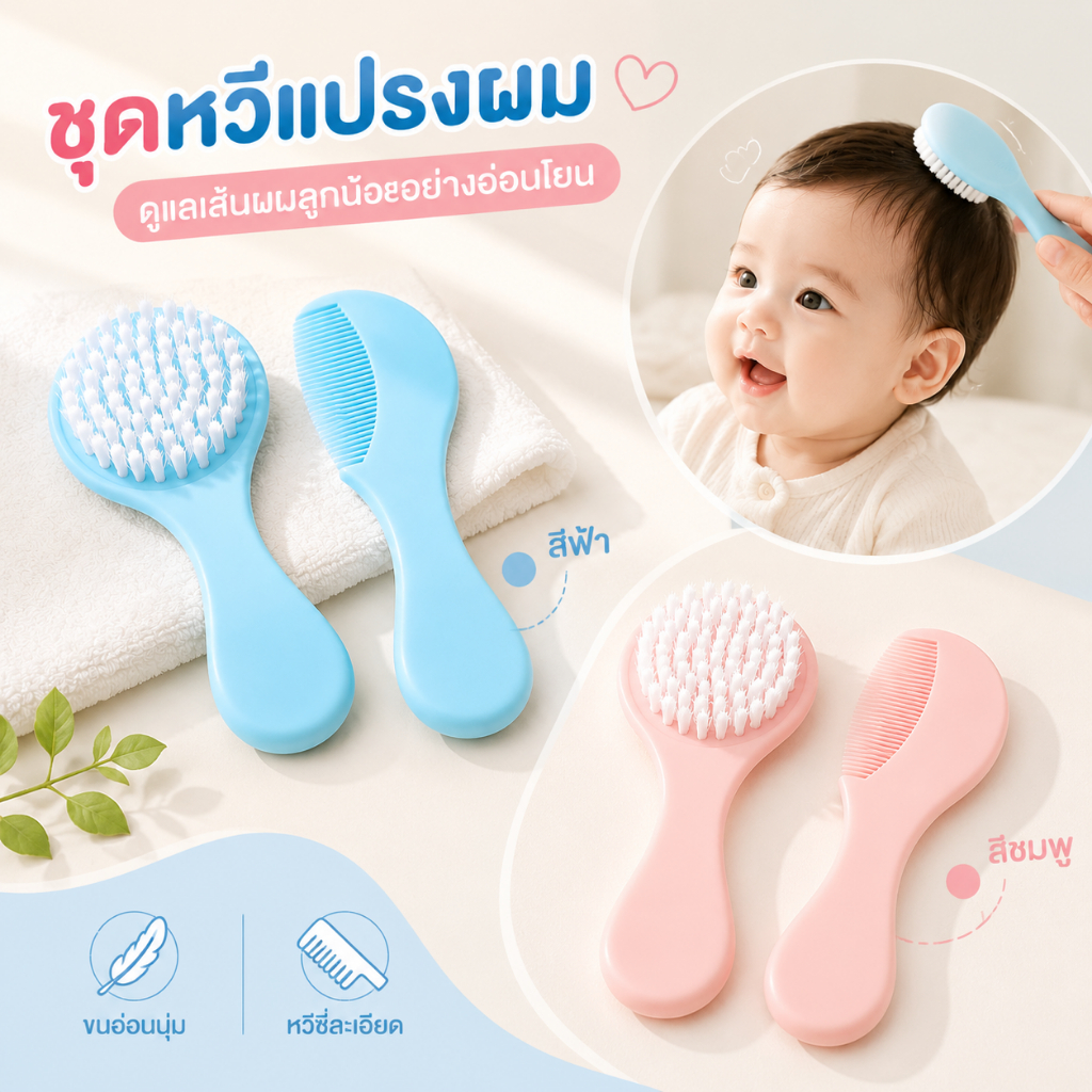 แปรงสระผมเด็ก ขนนิ่ม พร้อมหวีที่มีปุ่มนวดศีรษะ
