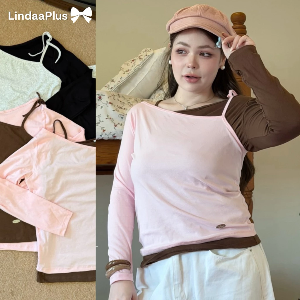 LindaaPlus-- เสื้อแขนยาวแต่งเลเยอร์ “𝐒𝐨𝐟𝐭 𝐜𝐫𝐞𝐚𝐦“🎀💖 สายเดี่ยวสลับข้างเลเยอร์ 2 สี งาน 2 ชิ้นแยกได้ นะคะ เย็บอะไหล่เอว