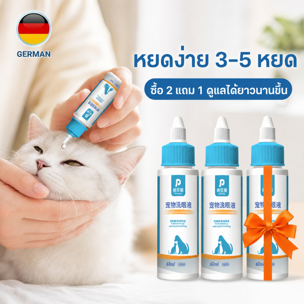 โปรซื้อ 2 ฟรี 1 น้ำยาล้างตาสัตว์เลี้ยง PetClear 60 มล. สูตรเดียวกัน 3 ขวด