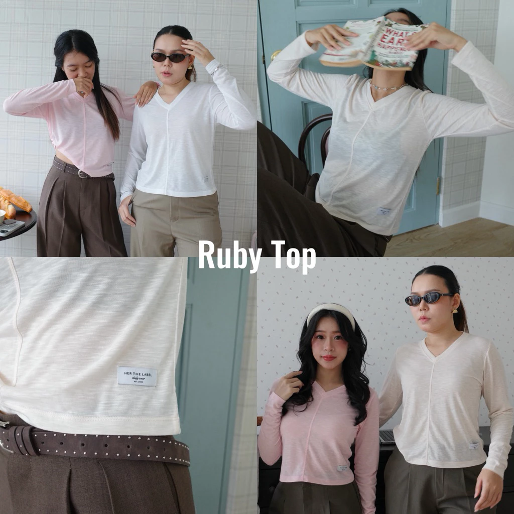 เสื้อคอวีเเขนยาวผ้าสลาฟพรีเมี่ยม รุ่น Ruby Top ดีไซน์เรียบง่าย ผ้านุ่ม ใส่สบาย