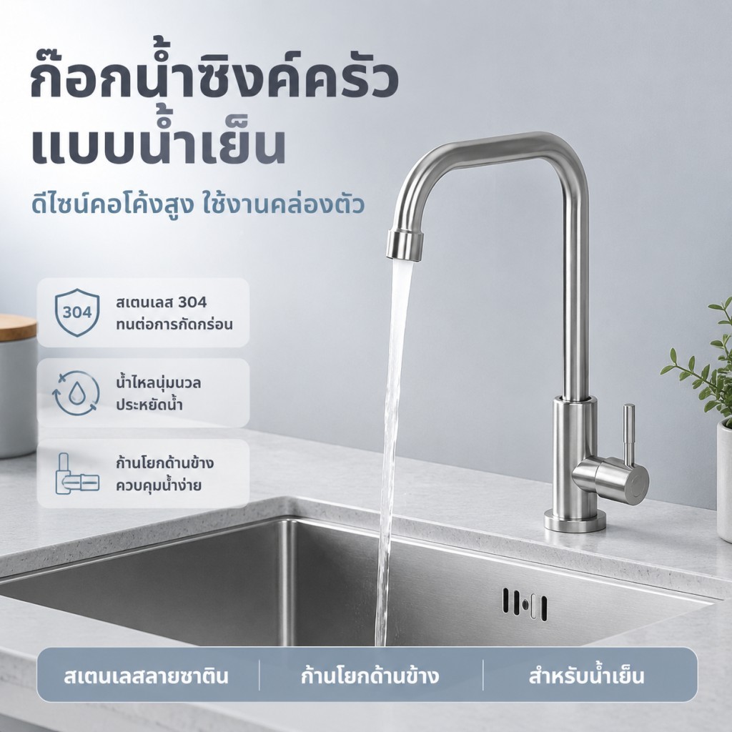 ก๊อกน้ำซิงค์ครัว สแตนเลส น้ำเย็นทางเดียว คอโค้งสูง กันน้ำรั่ว ทนทานต่อการกัดกร่อน สำหรับอ่างล้างจานครั จัดส่งฟรี จัดส่ง