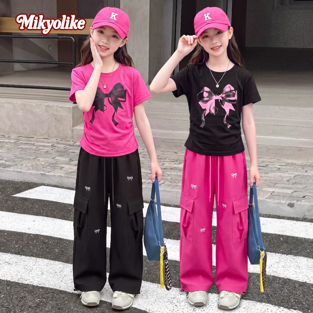 Mikyolike 4-16 ปี สไตล์เกาหลี ชุดเซ็ตเด็ก เสื้อ+กางเกงขากว้าง ประดับโบว์ ดีไซน์เรียบง่ายหรู ใส่สบายมาก