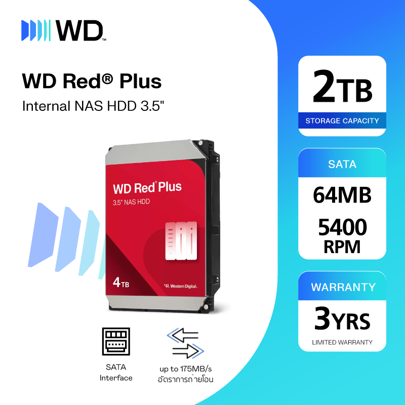 Western Digital 2 TB Internal Hard Drive NAS RED PLUS ฮาร์ดดิสก์ NAS 2 TB HDD 3.5"(ฮาร์ดดิสก์PC NAS)WD RED 5400 RPM SATA