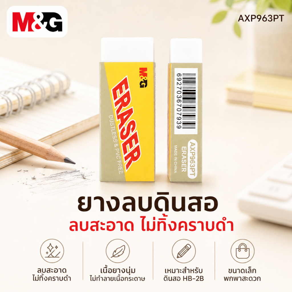 ยางลบ M&G AXP963PS 2B ลบสะอาด ไม่ทิ้งคราบดำ เนื้อนุ่ม เหมาะสำหรับดินสอ HB-2B