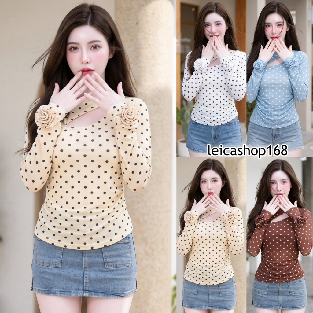 สินค้าพร้อมส่ง เสื้อแฟชั่น แขนกุหลาบ ผ้าซีทรูพิมพ์ลาย (Polka Dot) เว้าอก มีซับใน สไตล์เวียดนาม ใส่แมท LG403