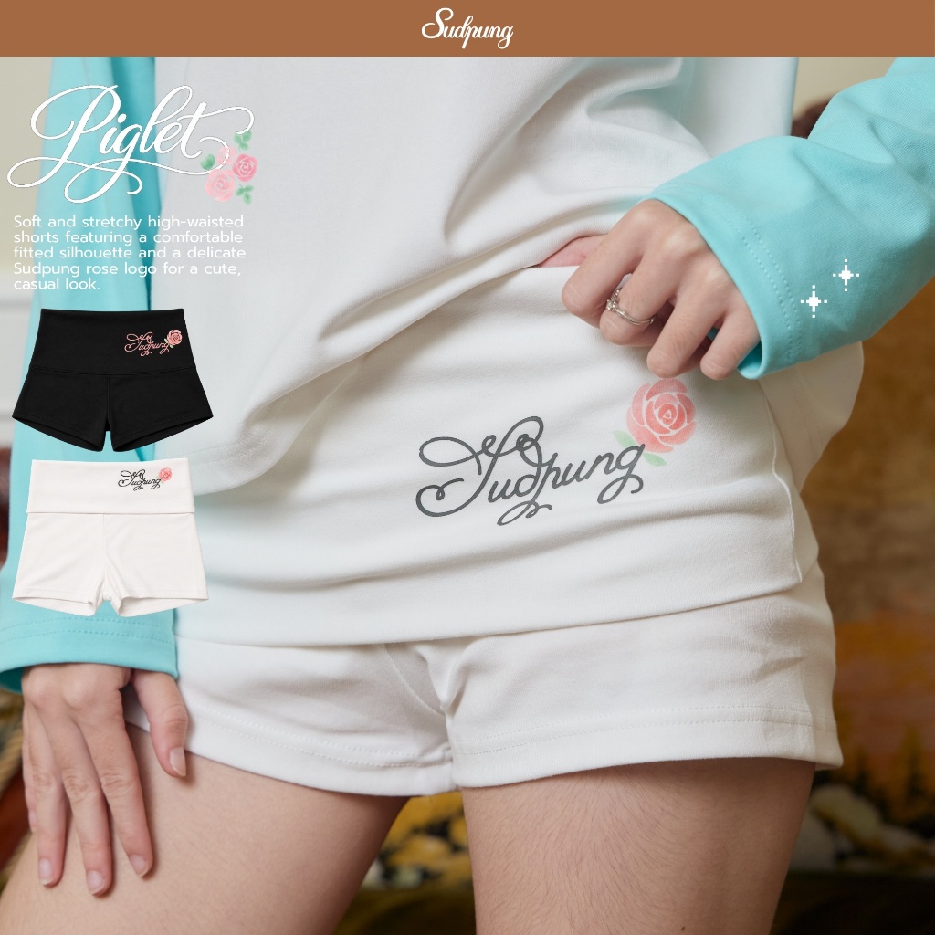 Piglet_SP146 กางเกงขาสั้นพับเอว ผ้ายืดนุ่ม ใส่สบาย ทรงเข้ารูป โลโก้สุดปัง สไตล์เกาหลี