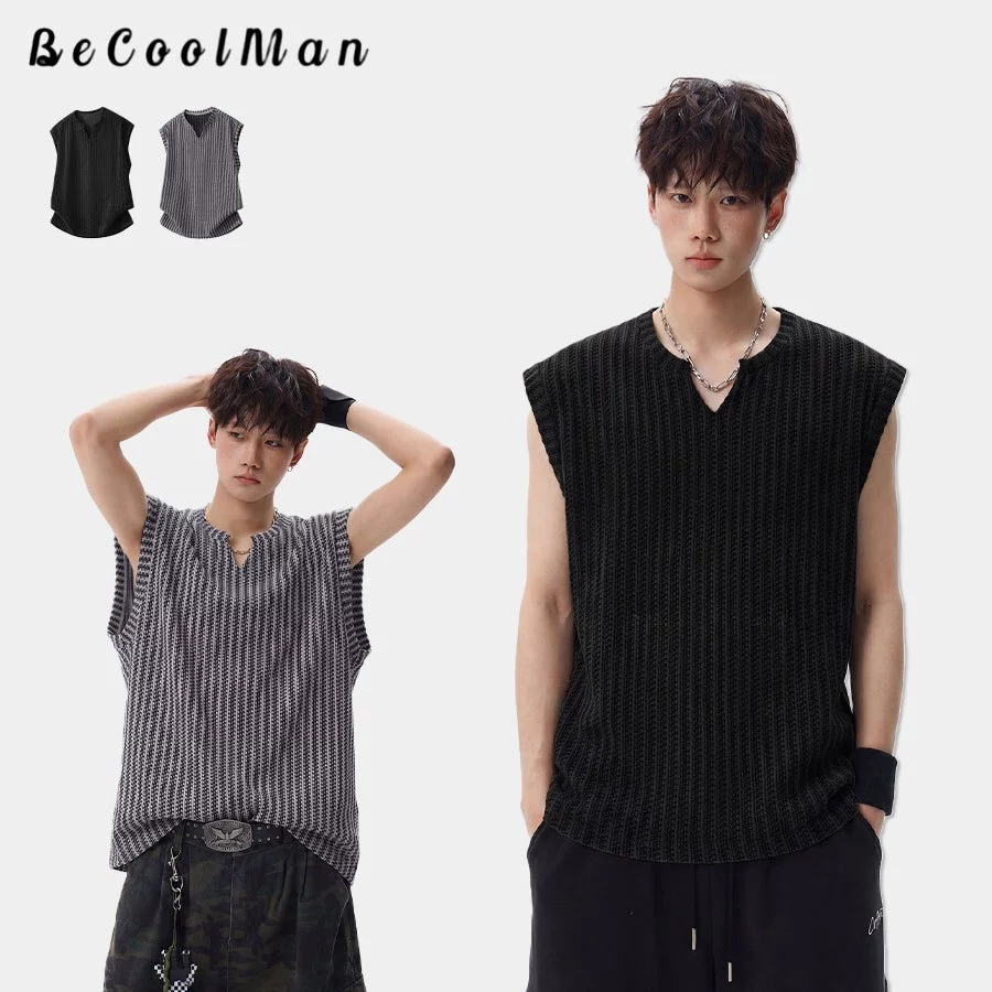 BecoolMan เสื้อยืดผู้ชาย แขนกุด เสื้อผู้ชายสไตล์เกาหลี ความรู้สึกของพื้นผิว หลวมสบาย ผ้าบางเบา ไม่ร้อน ลำลอง