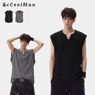 BecoolMan เสื้อยืดผู้ชาย แขนกุด เสื้อผู้ชายสไตล์เกาหลี ความรู้สึกของพื้นผิว หลวมสบาย ผ้าบางเบา ไม่ร้อน ลำลอง