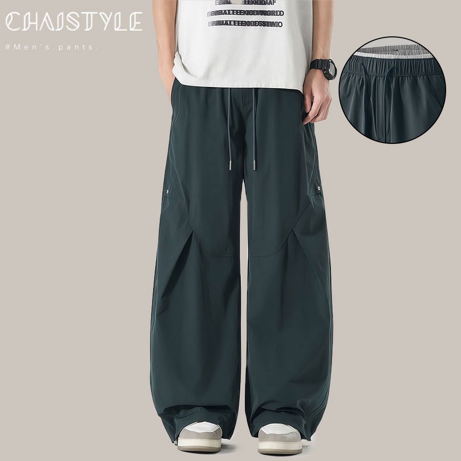 Chaistyle กางเกงขายาวผู้ชาย กีฬาแนวผ่อนคลาย ผ้าบางเบา เอวยางยืด การออกแบบเชือกผูก ขากว้าง แมทช์ง่ายสีพื้น M-3XL