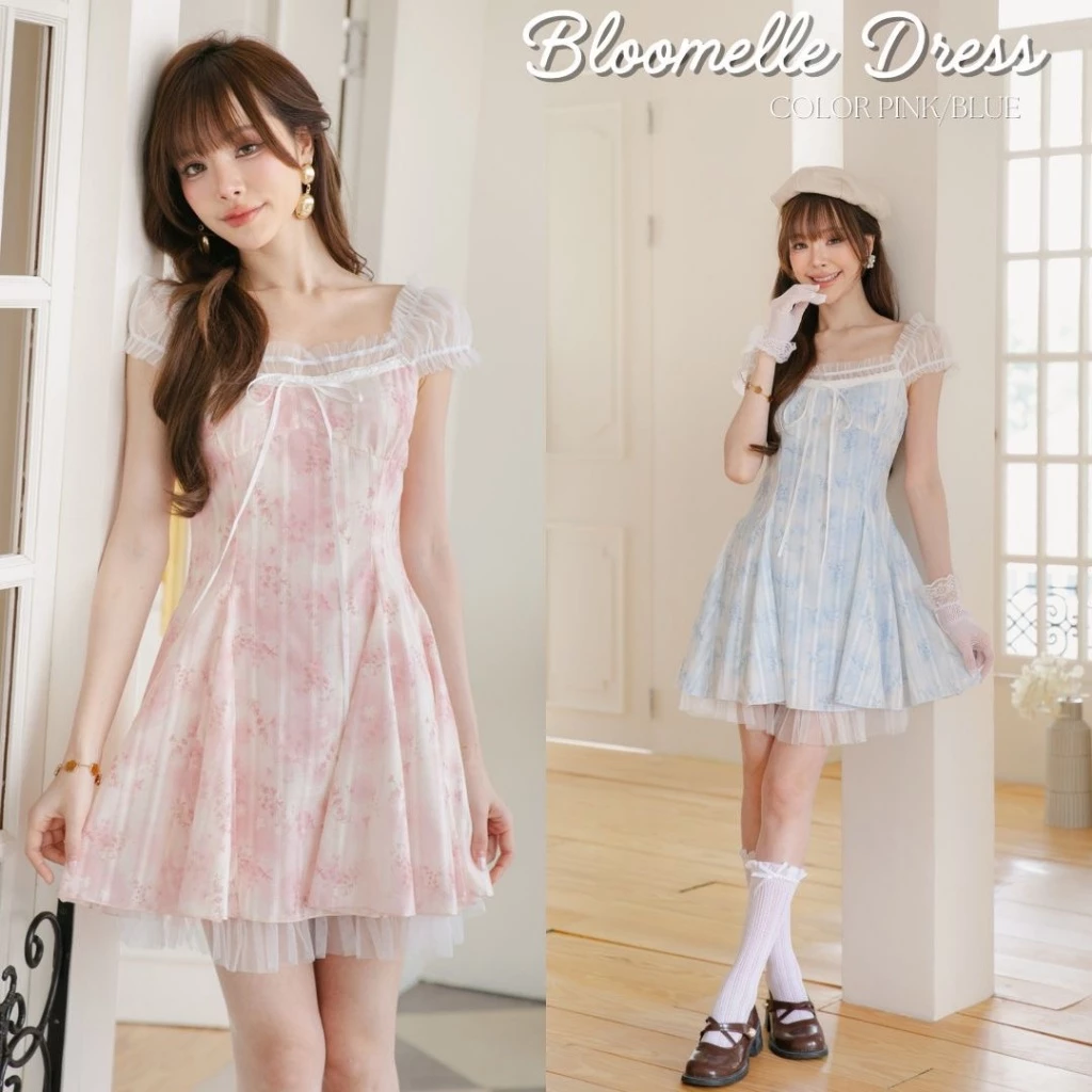 DR0629 LABELLE รุ่น ’Bloomelle Dress เดรสสั้นสีฟ้าน่ารัก