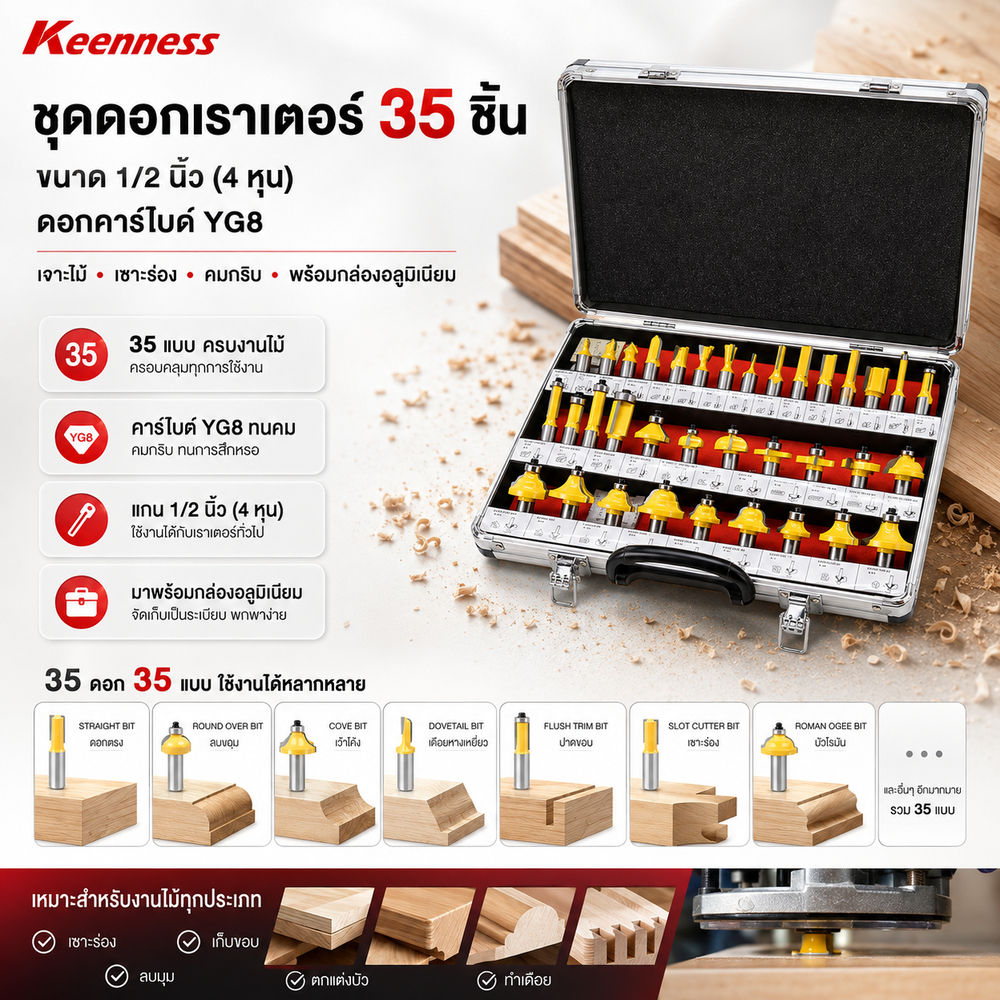 Keenness ชุดดอกเราเตอร์ 35 ชิ้น แกน 1/2 นิ้ว (4 หุน) ดอกคาร์ไบด์ YG8 เจาะไม้ เซาะร่อง ลบมุม พร้อมกล่องอลูมิเนียม