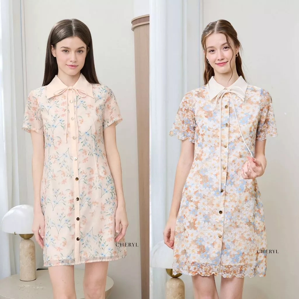 Cheryl brand - Jules Lace Dress / เดรสปกเชิ้ตผ้าลูกไม้สีวอร์มโทน