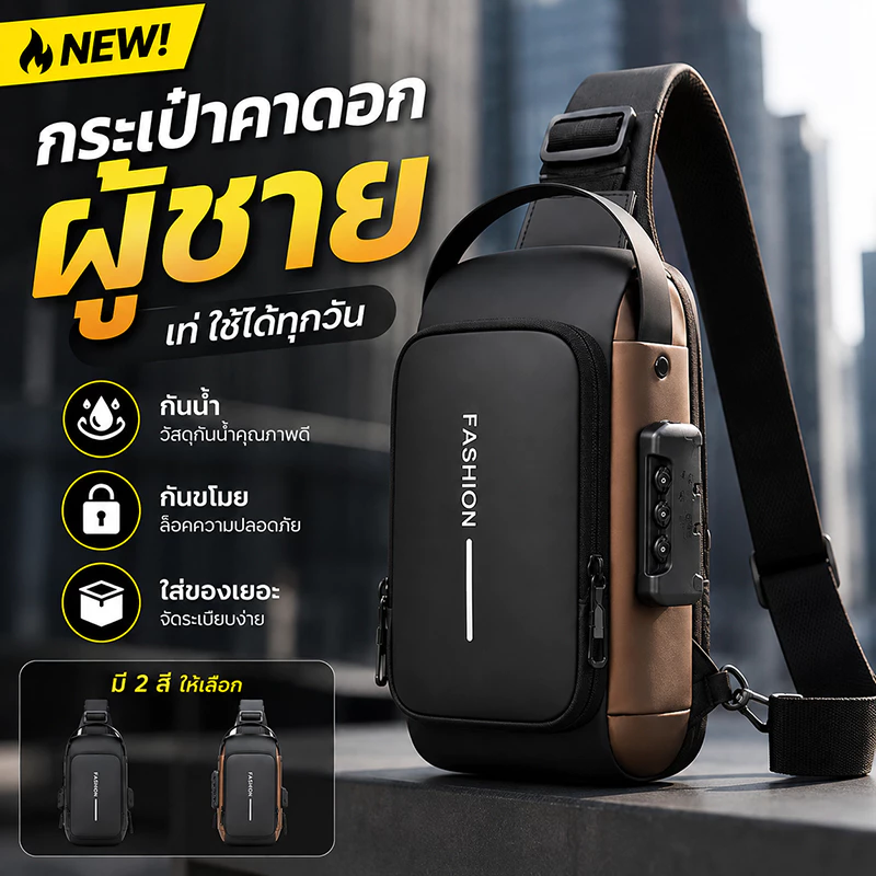 กระเป๋าคาดอก สะพายข้าง ผู้ชาย จุของได้เยอะ กันน้ํา เดินทาง และใช้ในชีวิตประจำวัน พอร์ตชาร์จUSB
