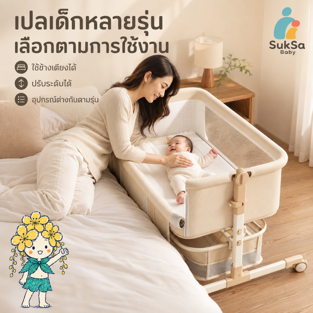 เปลเด็กแรกเกิด เปลข้างเตียง ปรับระดับได้ โยกได้ มีล้อ พร้อมมุ้งและที่นอน หลายรุ่นให้เลือก