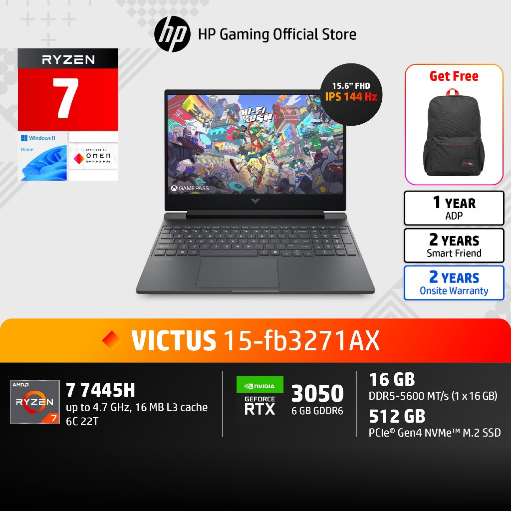 (NEW) HP Victus 15 | Ryzen 7 7445H | RTX3050 | 16GB/512GB | FHD IPS 144 Hz | 1Yrs | 15-fb3271AX Note