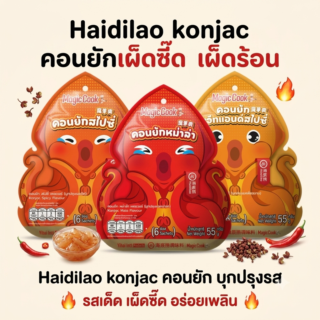 Haidilao konjac  คอนยัก บุกปรุงรสหม่าล่า รสเผ็ด 55 กรัม/แพ็ค (1แพ็คมี 6 ซองเล็ก)