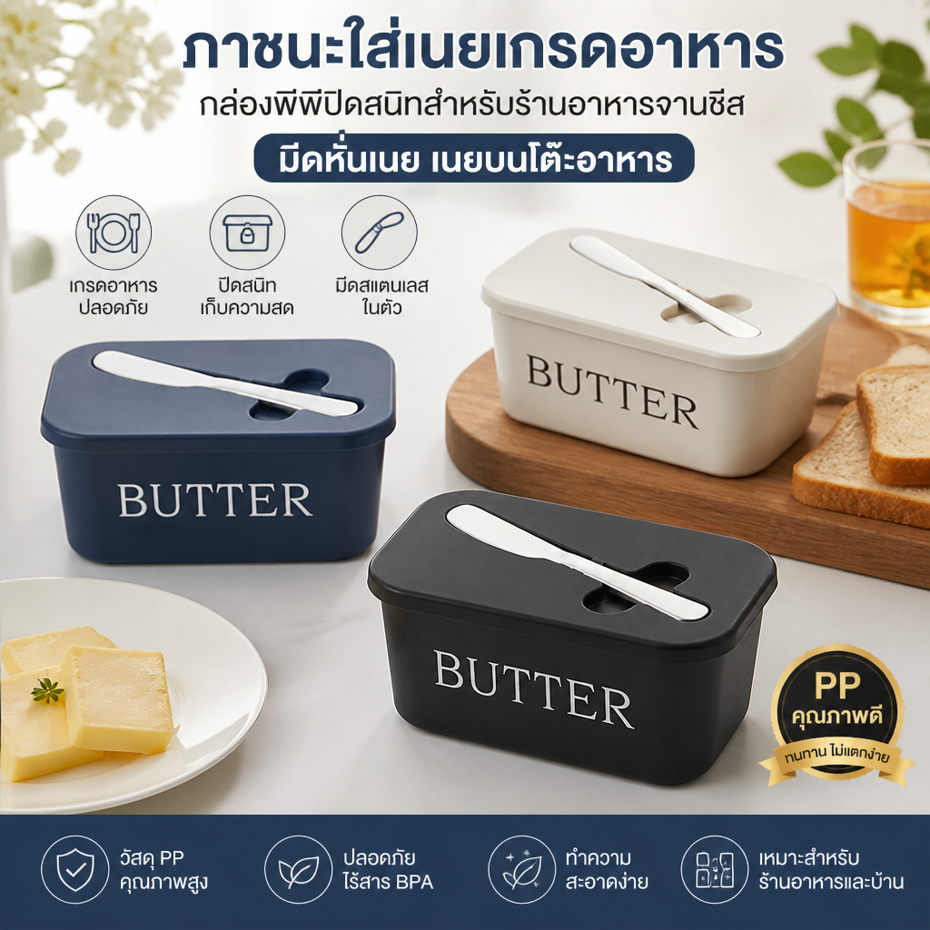 กล่องใส่เนยแบบมีฝาปิด ภาชนะเก็บเนยเกรดอาหาร ปลอดภัย พร้อมมีดปาดเนย กันฝุ่น ใช้งานสะดวก
