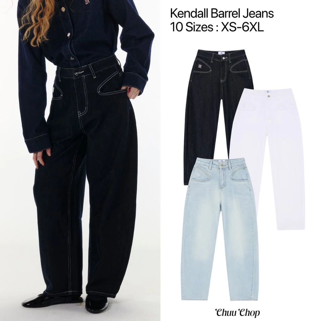 CHUUCHOP - (XS-6XL) Kendall Barrel Jeans กางเกงยีนส์ขายาวทรงบอลลูน ป้ายหนังกลับ(C8417)