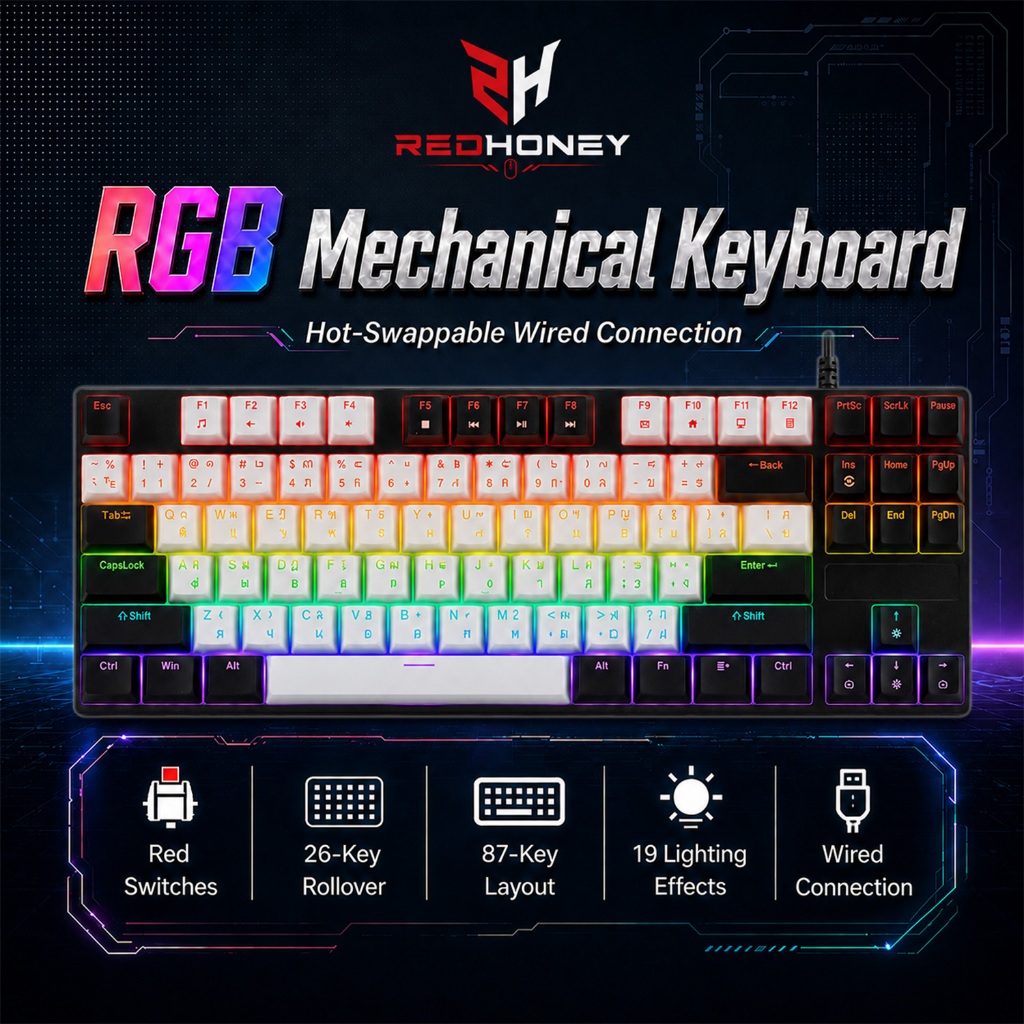 Redhoney คีย์บอร์ด คีย์บอร์ดเล่นเกม บลูสวิตซ์ แป้นพิมพ์ไทย-อังกฤษ Keyboard Gaming switch คีย์บอร์ด 87 Key Mechanical Ke