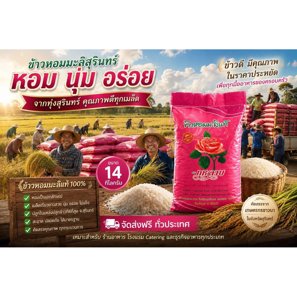 ข้าวหอมมะลิกลางปี ตรา กุหลาบชมพูคู่ ขนาด 14กิโลกรัม ส่งตรงจากโรงสี ส่งไว รักษาคุณภาพ