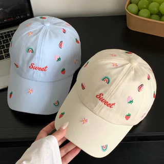 ♥️พร้อมส่ง🧢หมวกแก็ป Sweet น่ารัก สีสดใส มีสายปรับขนาด สตรอว์เบอร์รี รุ้ง