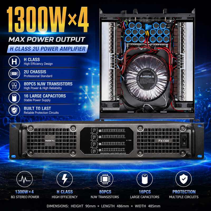 เครื่องขยายเสียงระดับมืออาชีพ padon สี่ช่อง 8 โอห์มพลังงานสูง 1300 วัตต์ * 4