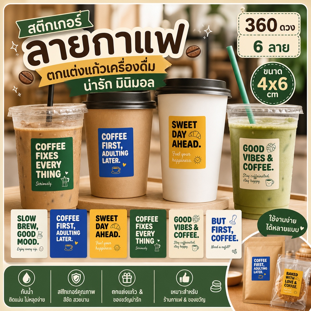 💥สติกเกอร์ติดแก้วกาแฟ 360 ดวง สไตล์วินเทจข้อความอังกฤษ กันน้ำPP ไม่ลอกขอบ ไดคัทสำเร็จ ทุกร้านเครื่องดื่มใช้ได้