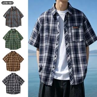 AceMenเสื้อเชิ้ตแขนสั้นลําลอง เสื้อเชิ้ตผู้ชาย ลายสก๊อต ทรงหลวม แฟชั่นฤดูร้อน พร้อมส่ง