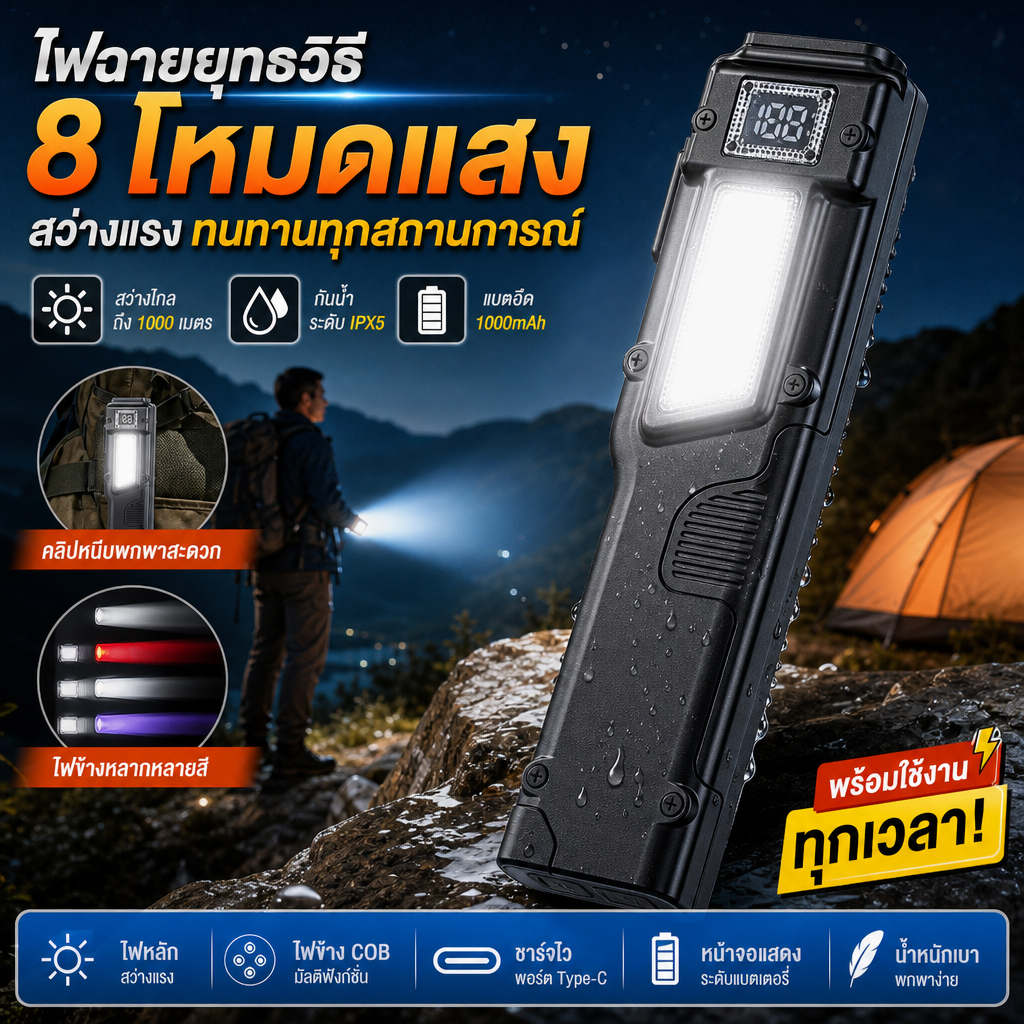 2500 ลูเมน LED USB ชาร์จ 1000mAh ไฟฉายสว่างเป็นพิเศษ EDC โคมไฟตั้งแคมป์กลางแจ้ง ไฟฉายขนาดเล็ก