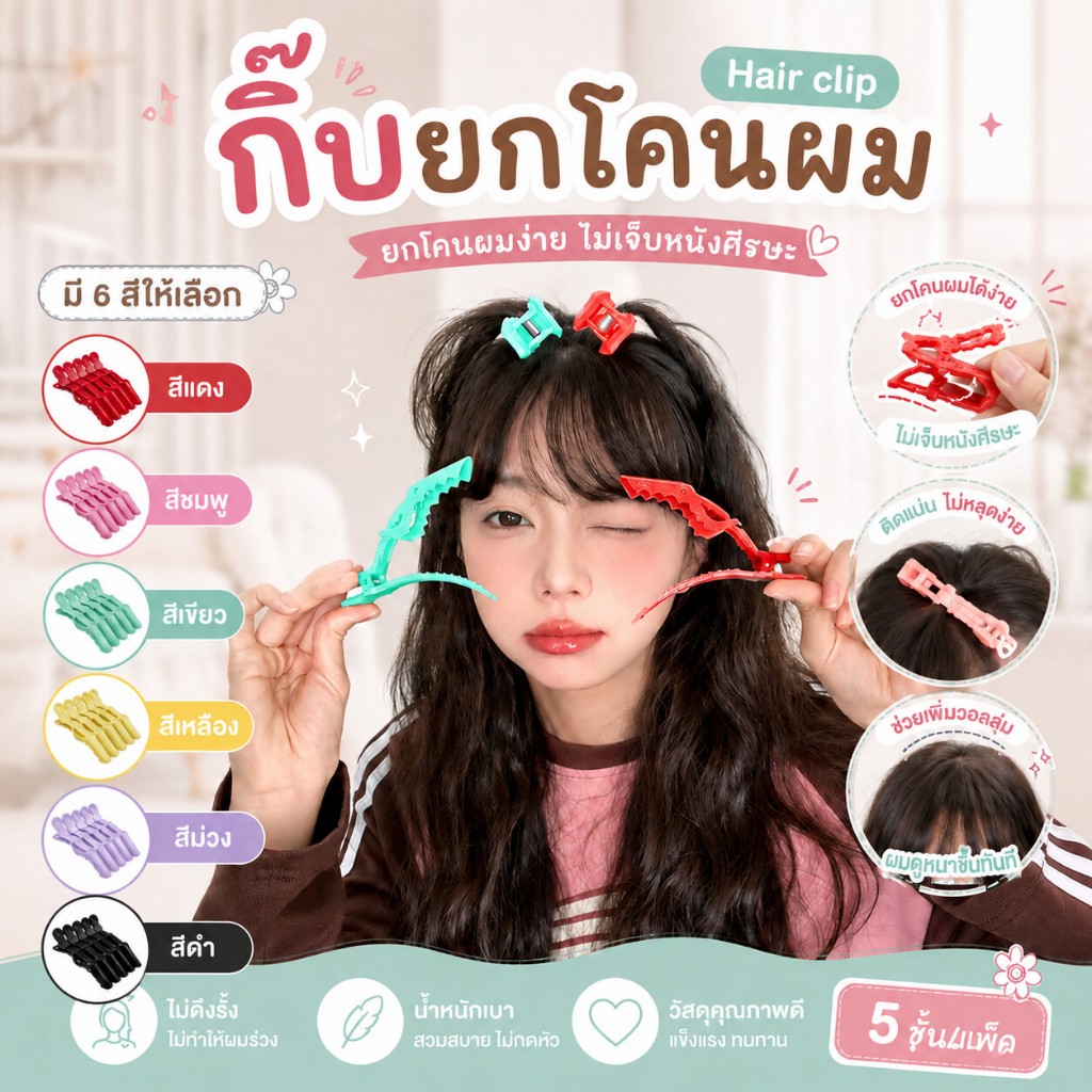กิ๊บหนีบยกโคนผม 5 ชิ้น/แพ็ค กิ๊บปากจระเข้ กิ๊บแบ่งผม กิ๊บหนีบผม  กิ๊บทำผม ร้านเสริมสวยมืออาชีพ เก็บผม หนับยกโคน