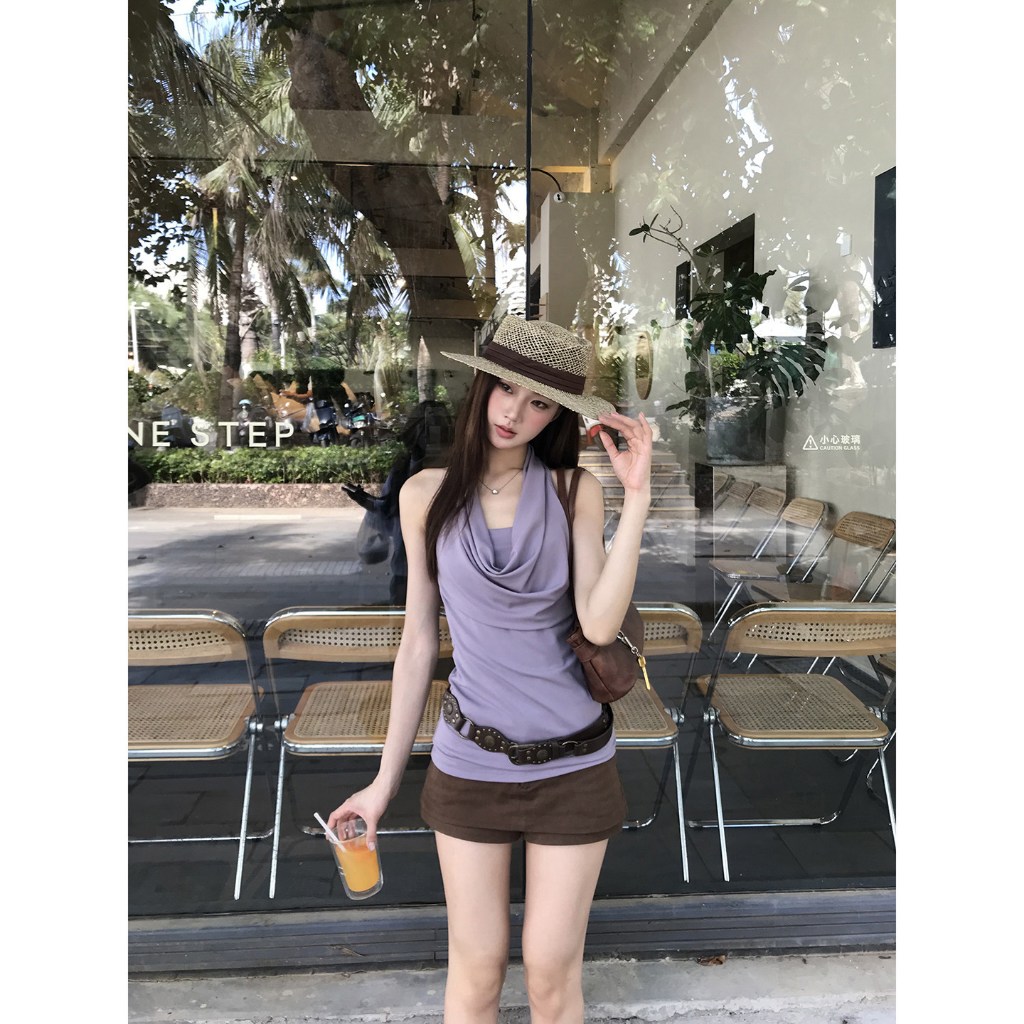 HRG เสื้อกล้ามสายคล้องคอผู้หญิง ดีไซน์คอห้อยหลังเปิด สไตล์สาวแซ่บสุดๆ ดูอ่อนเยาว์ ใส่นอกได้ สินค้าฮิ
