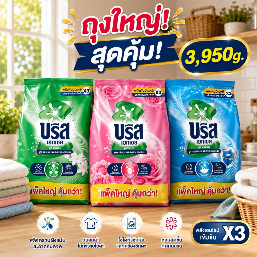 [1ถุง/ยกลัง3ถุง]บรีสเอกเซลซักผ้าผงจัมโบ้ 3,950g. เลือกสีข้างใน