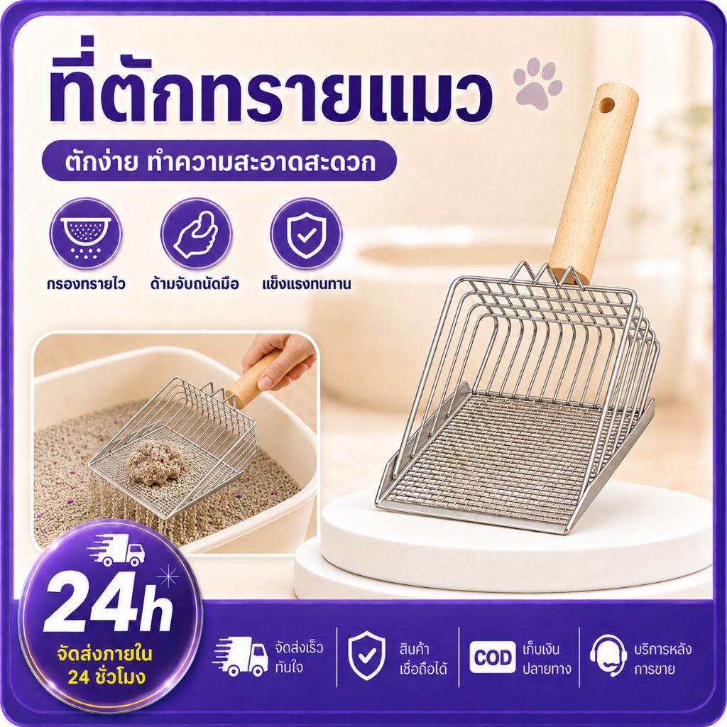PETWELL  ที่ตักทรายแม สแตนเลส ตะแกรงกรองทราย ด้ามไม้ แข็งแรง ล้างง่าย ใช้ได้กับทรายแมวหลายชนิด