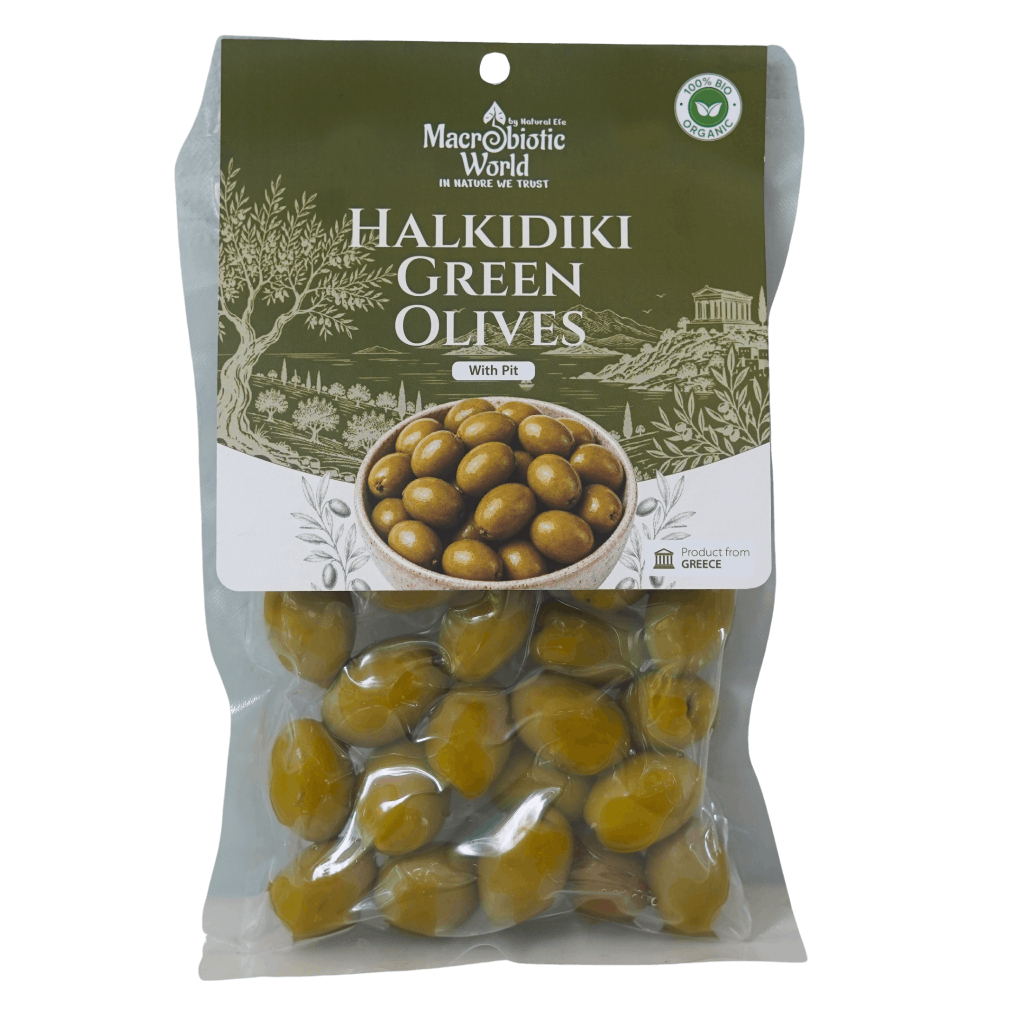 Organic/Bio Halkidiki Green Olive Jumbo With Pit มะกอกกรีก ฮอลคิดิกิ (มีเมล็ด) l Macrobiotic World Natural Efe l Olive
