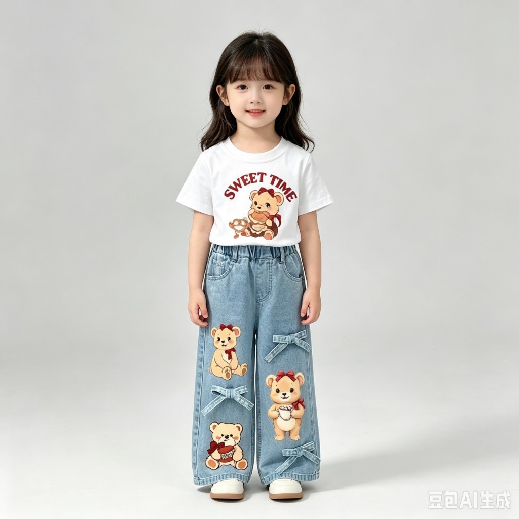 BB366 เช็ตคู่เสื้อยืด + กางเกงยีนส์เด็กผู้หญิง กางเกงขายาวลายการ์ตูนหมีกระต่าย น่ารัก ใส่คู่เสื้อยืด รูปที่ 5