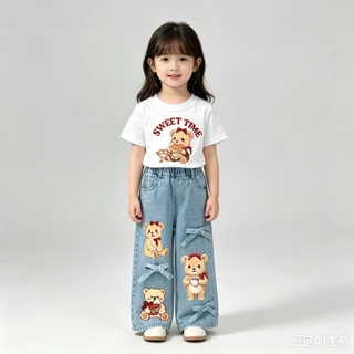 BB366 เช็ตคู่เสื้อยืด + กางเกงยีนส์เด็กผู้หญิง กางเกงขายาวลายการ์ตูนหมีกระต่าย น่ารัก ใส่คู่เสื้อยืด