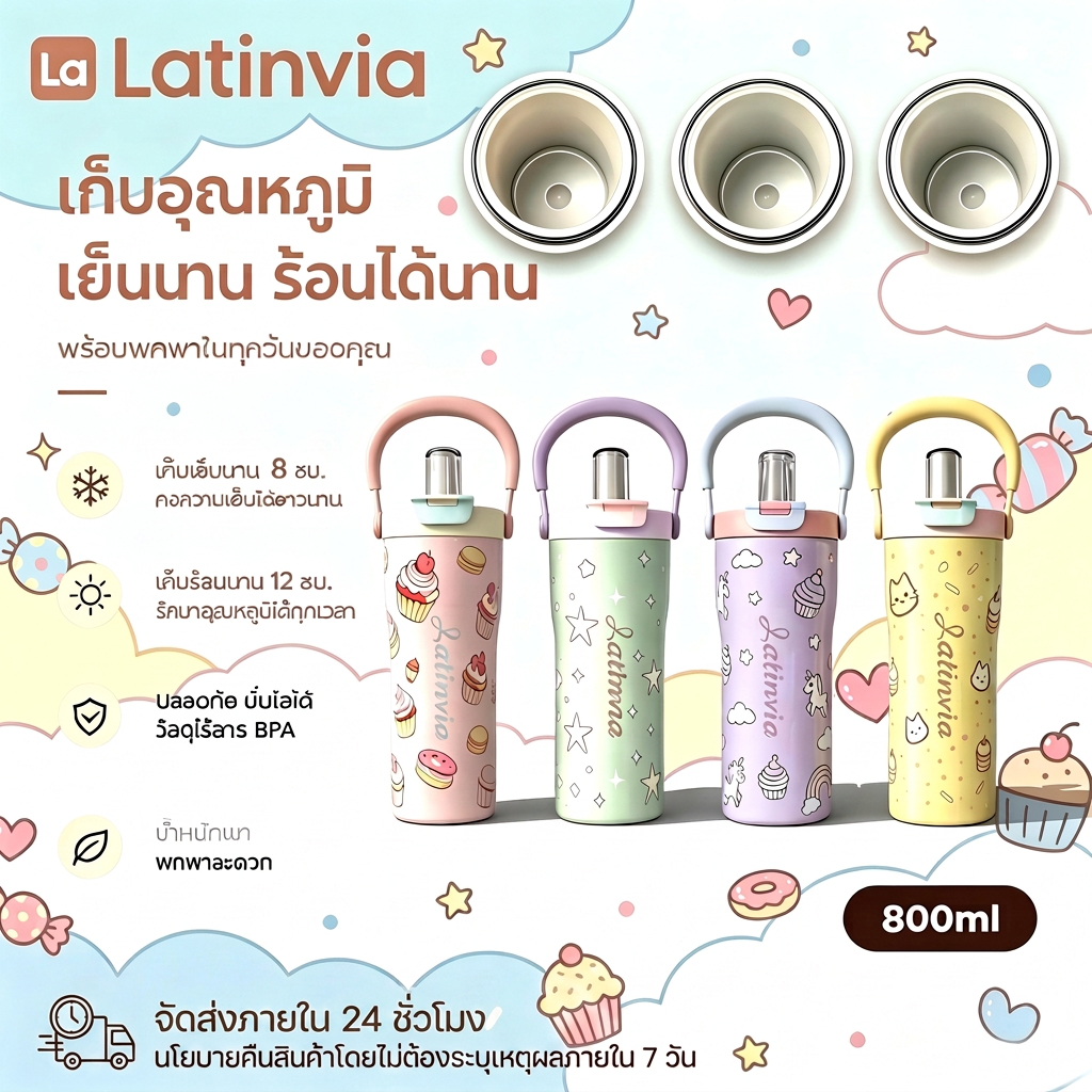 LATINVIA กระติกน้ำร้อนสแตนเลสลายการ์ตูนน่ารัก พกพาสะดวก ฝาเป