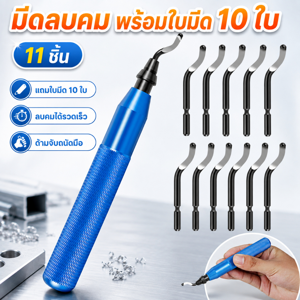 ชุดเครื่องมือลบคมพร้อมใบมีดพิเศษ 10 ใบและเครื่องมือกำจัดเสี้ยนด้ามจับ 1 อัน เครื่องมือถอดขอบเสี้ยน