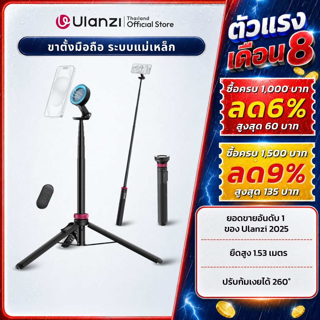Ulanzi MT84 ขาตั้งมือถือ ไม้เซลฟี่ แม่เหล็ก MagSafe รีโมทบลู