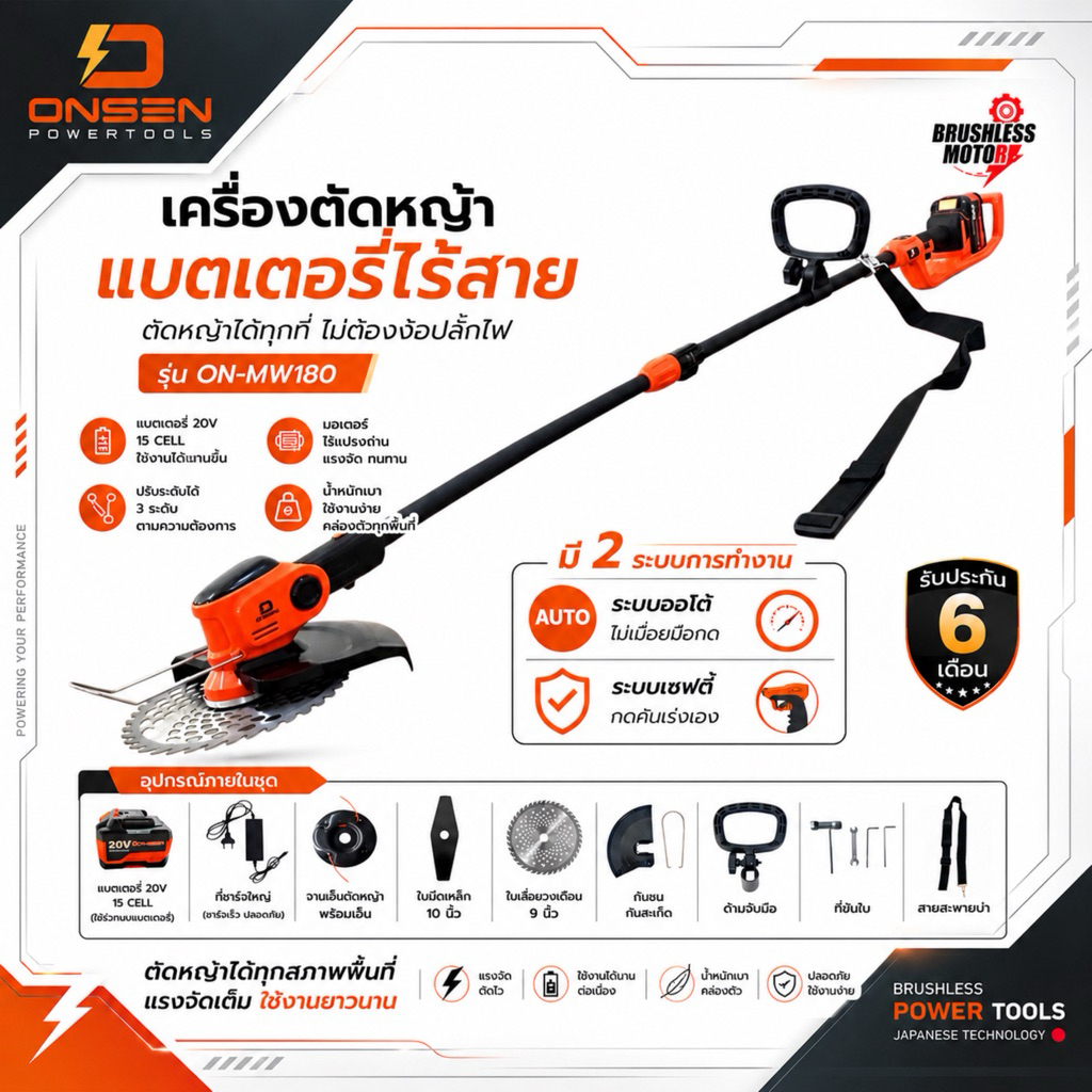 ONSEN (รุ่นใหม่) เครื่องตัดหญ้า บัสเลส ON-MW180 เหมาะสำหรับงานหนัก ตัดหญ้าไร้สาย มอเตอร์บัสเลส ทองแด
