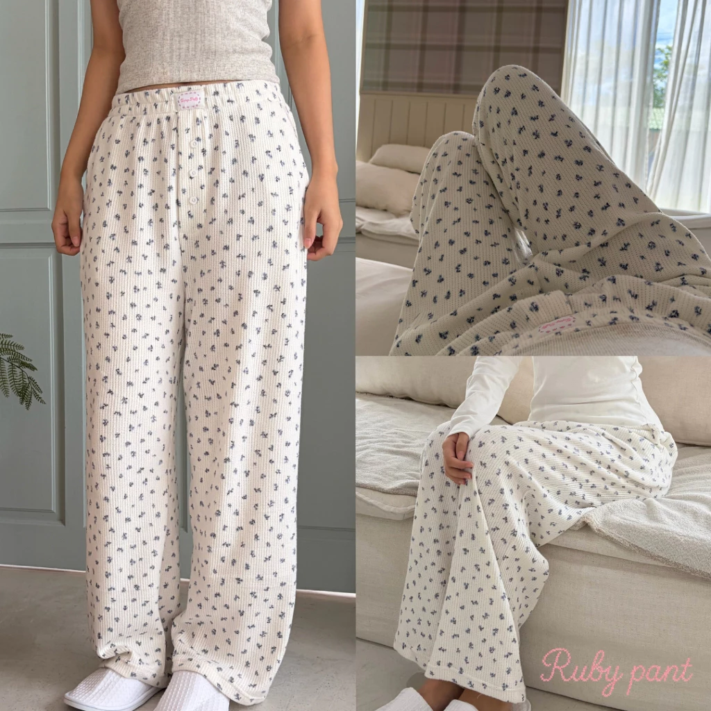Dopey.Puffy / Ruby Pants กางเกงขายาวผ้าร่องนุ่มลายดอกไม้